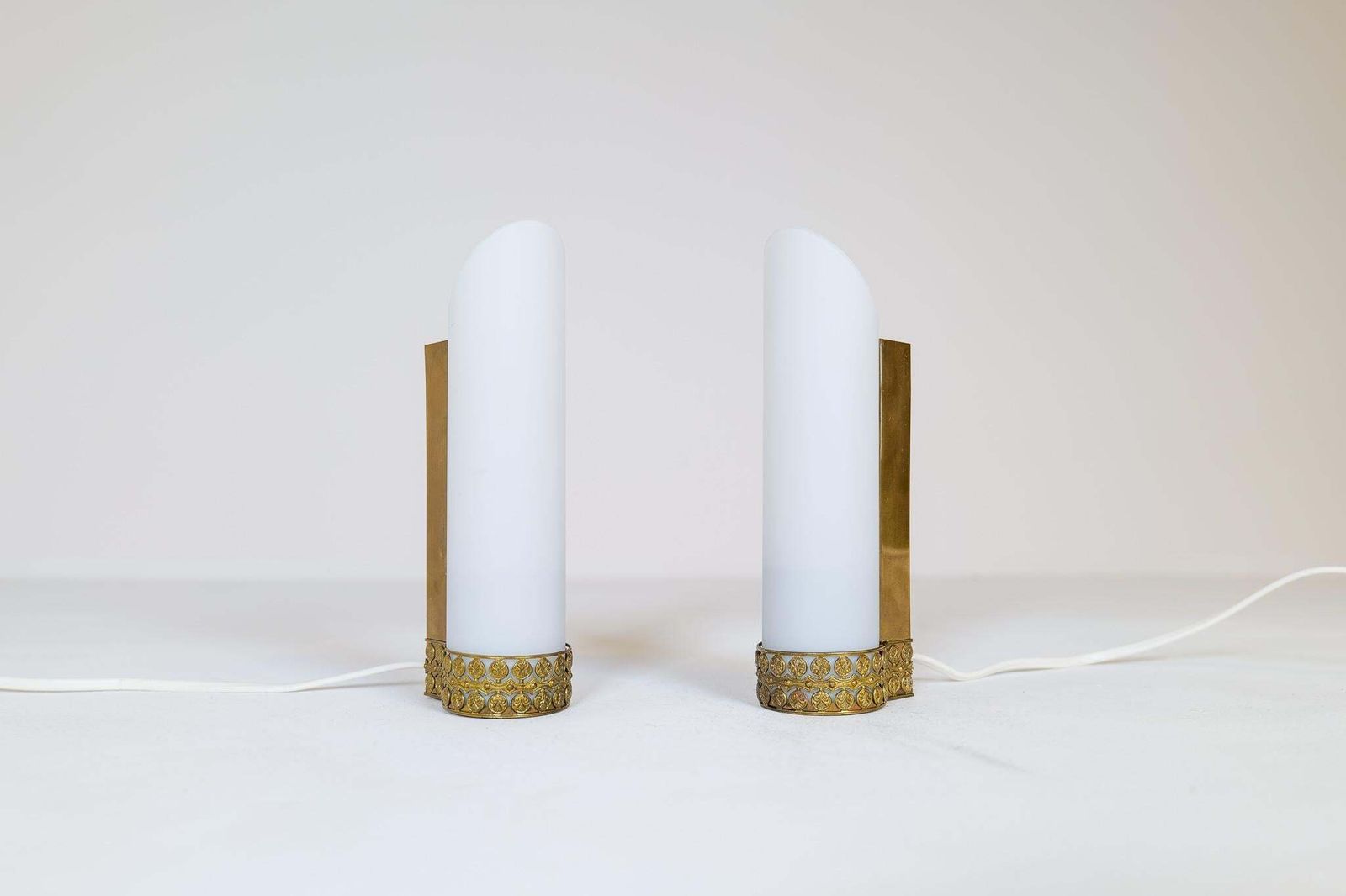 Midcentury Modern Pair Of Brass And Opaline Wall Lamps Attributed To Asea Sweden photo for sale