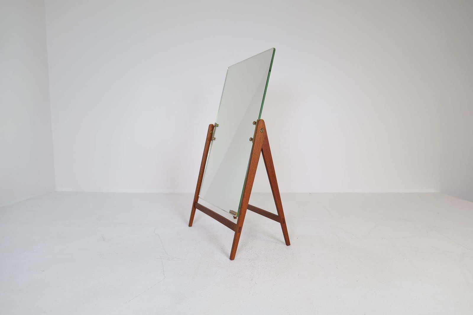 photo for sale Mid Century Hans Agne Jakobsson Brass And Teak Large Rare Table Mirror, Sweden