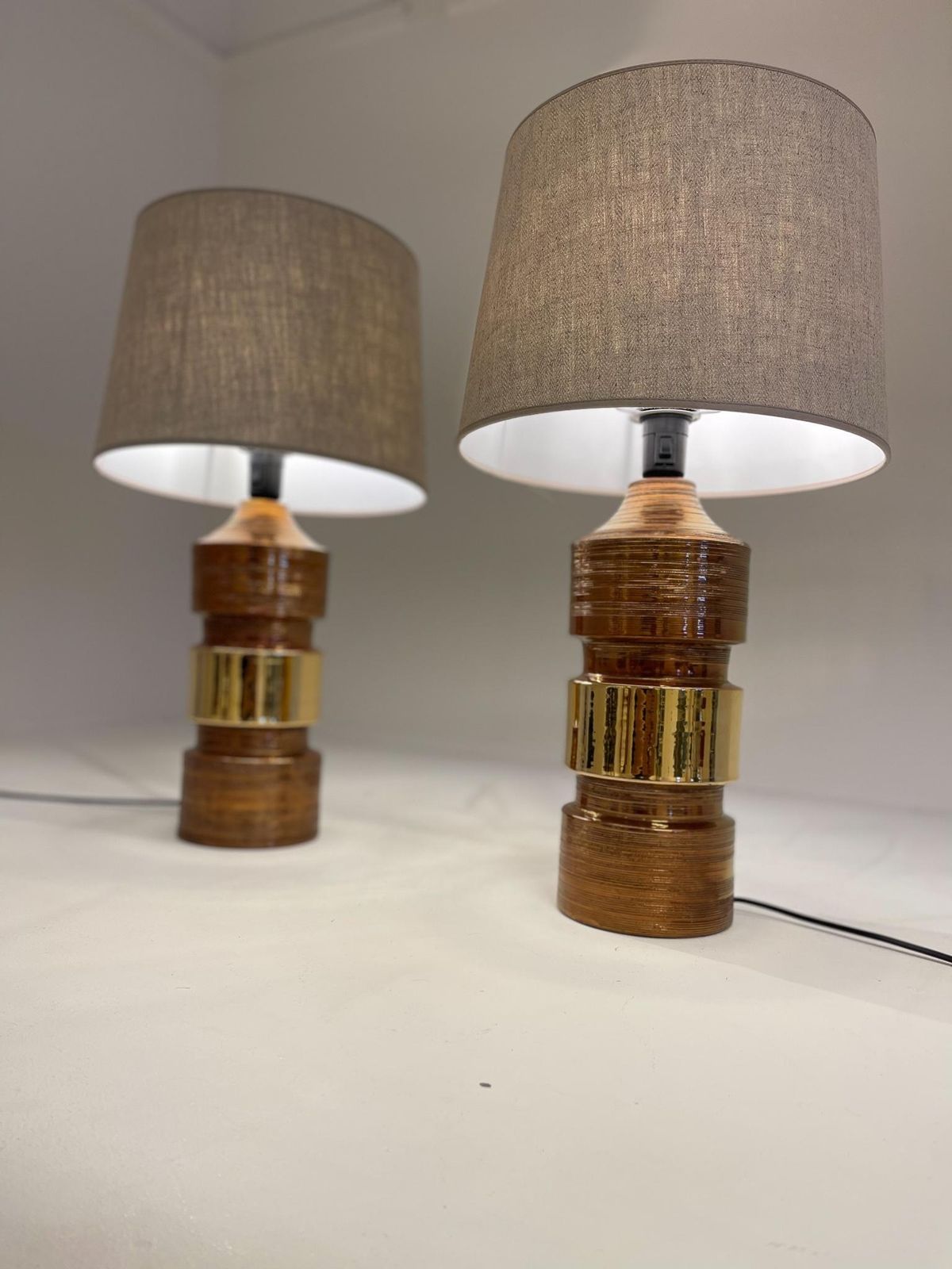 photo furniture Midcentury Pair Of Large Brass Bergboms Bitossi Table Lamps, 1960s, Sweden