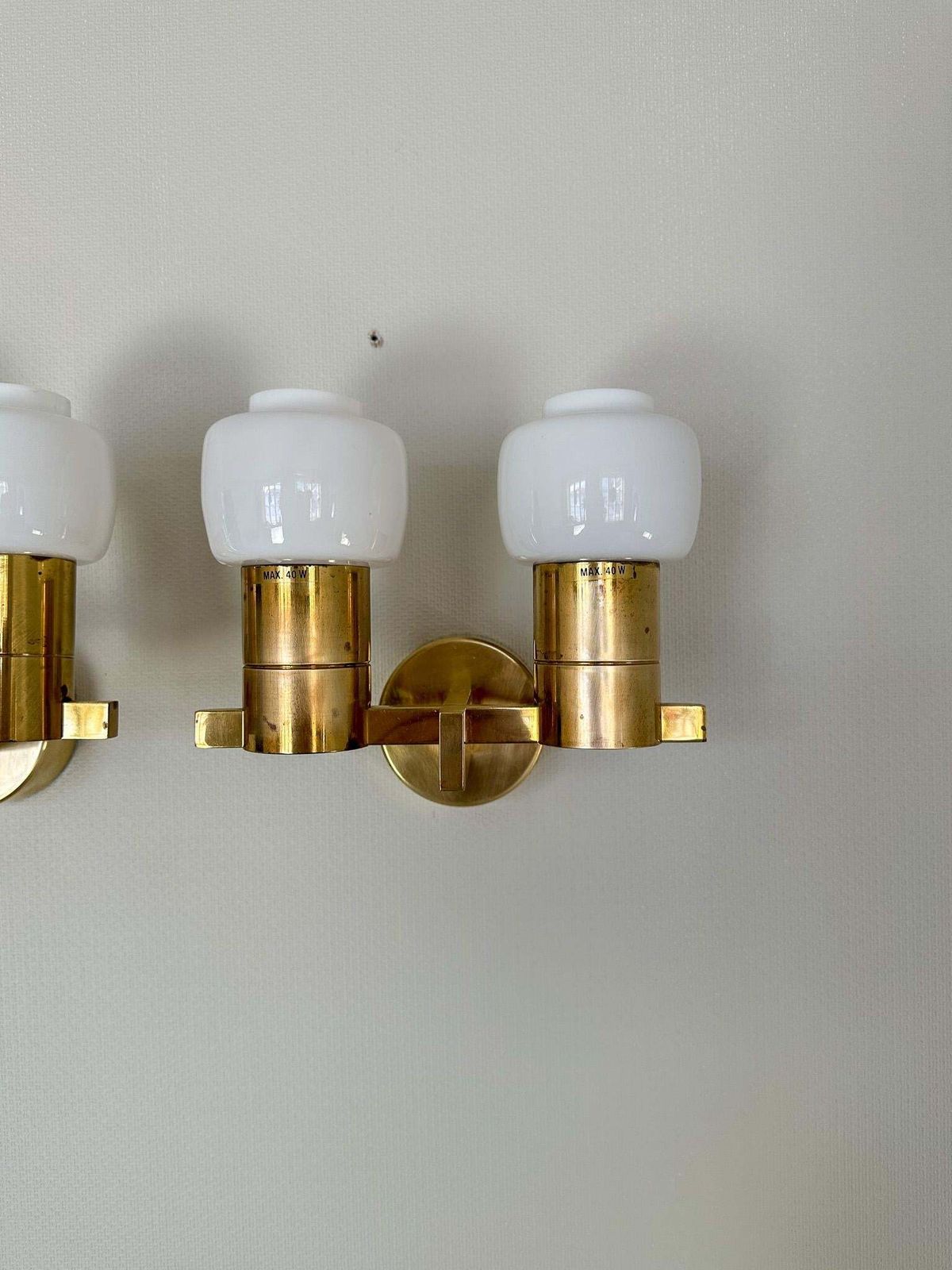 Midcentury Hans Agne Jakobsson Brass And Opaline Glass Wall Lamps, Sweden, 1960s photo vinterior