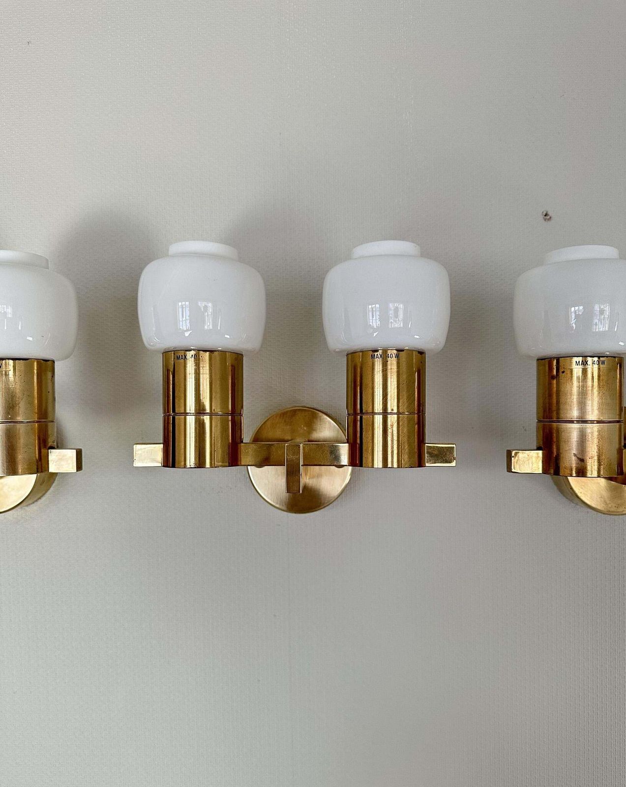 Midcentury Hans Agne Jakobsson Brass And Opaline Glass Wall Lamps, Sweden, 1960s photo buy
