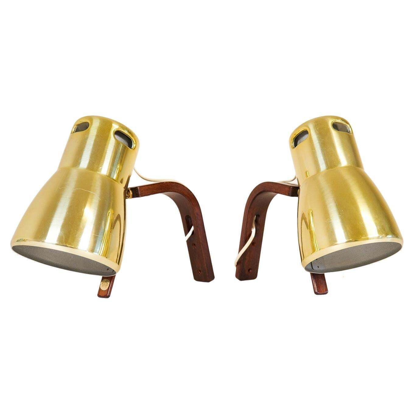 Hans Agne Jakobsson Brass And Stained Wood Wall Lamps, Sweden, 1970s