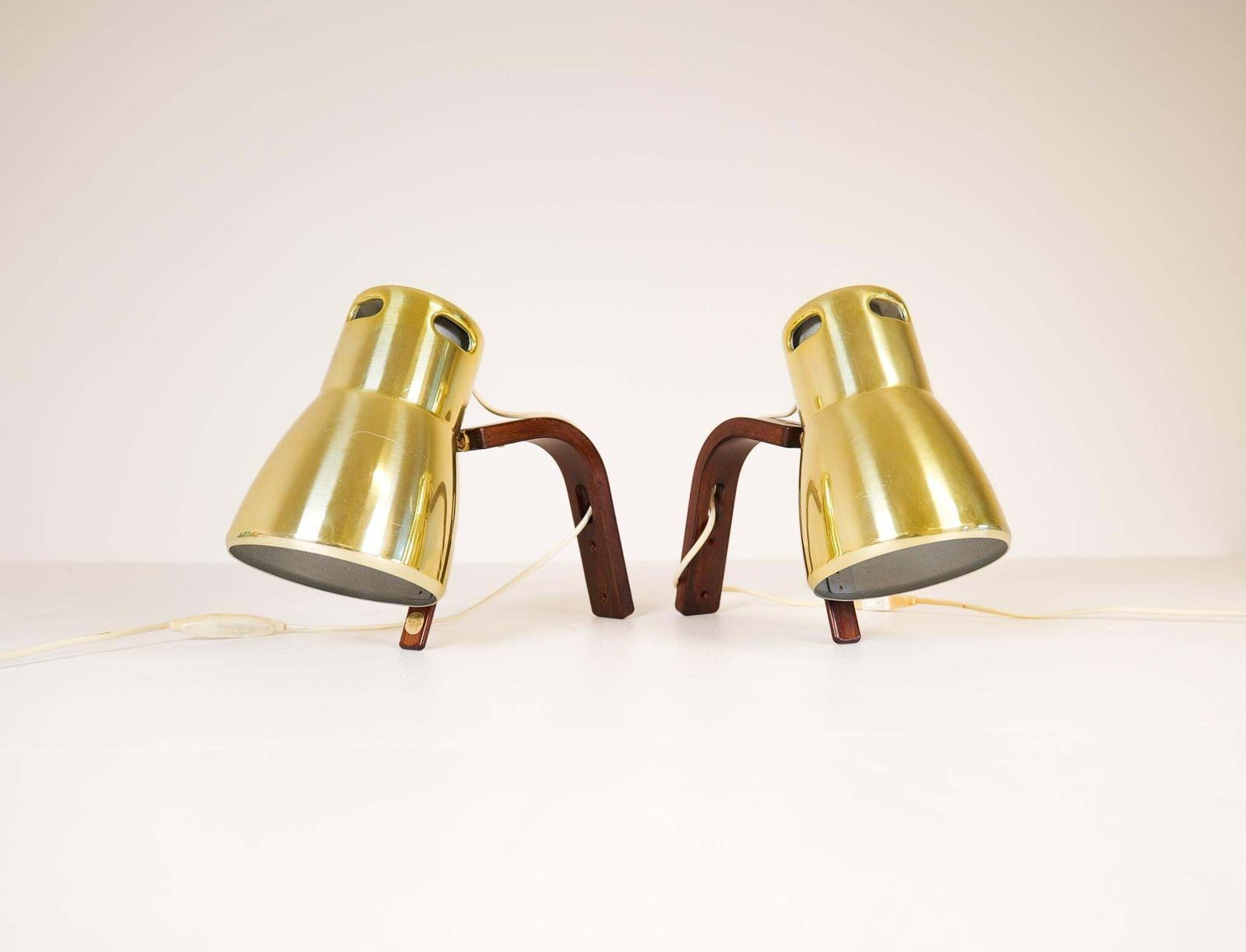 Hans Agne Jakobsson Brass And Stained Wood Wall Lamps, Sweden, 1970s photo furniture