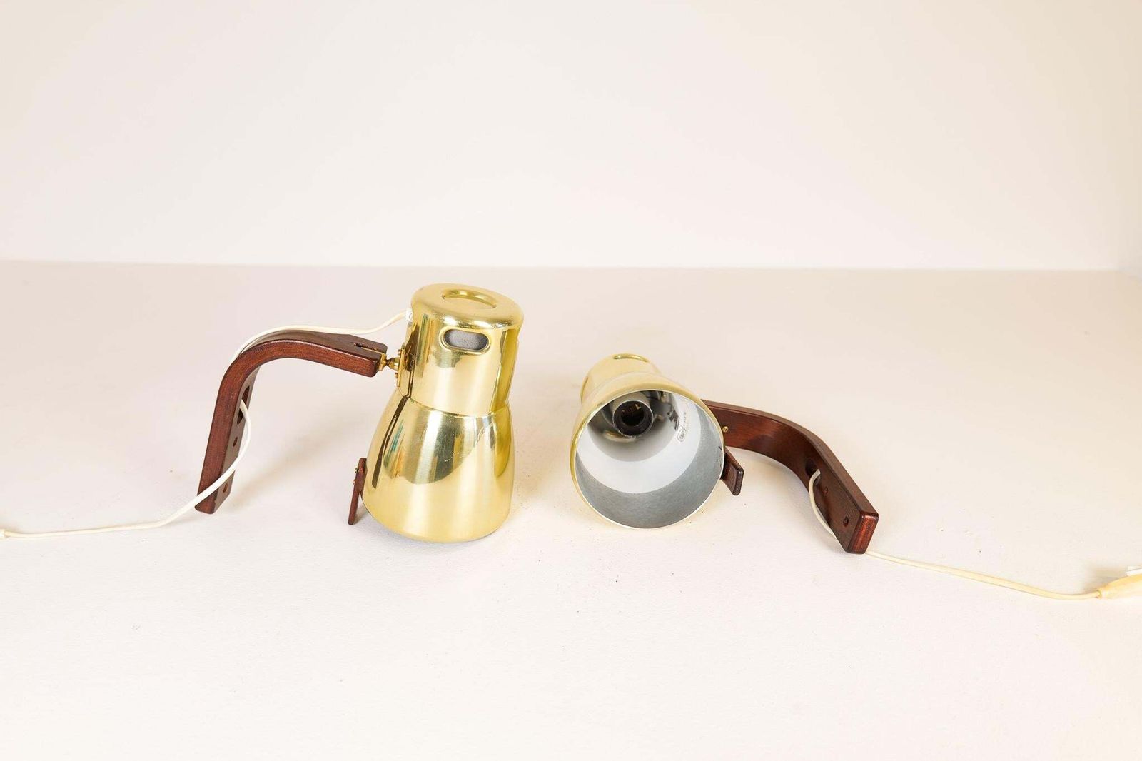 Hans Agne Jakobsson Brass And Stained Wood Wall Lamps, Sweden, 1970s photo Lighting