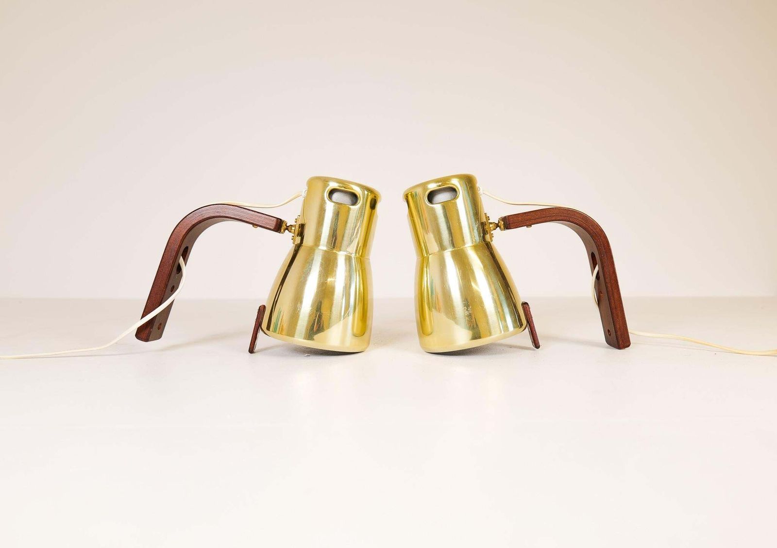 Hans Agne Jakobsson Brass And Stained Wood Wall Lamps, Sweden, 1970s photo 1496.0