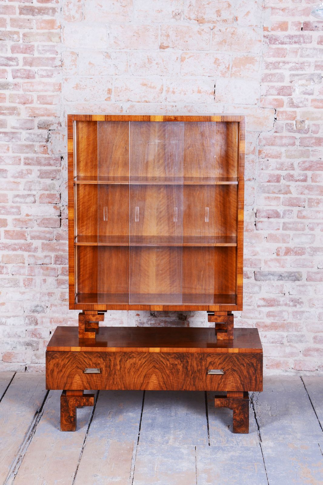 Restored Art Deco Display Cabinet , Walnut And Glass, Czech, 1920s photo for sale