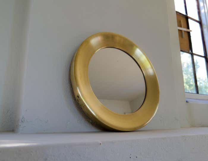 Midcentury Modern Rounded Brass Mirror By Glasmäster In Markaryd, Sweden, 1960s photo vinterior