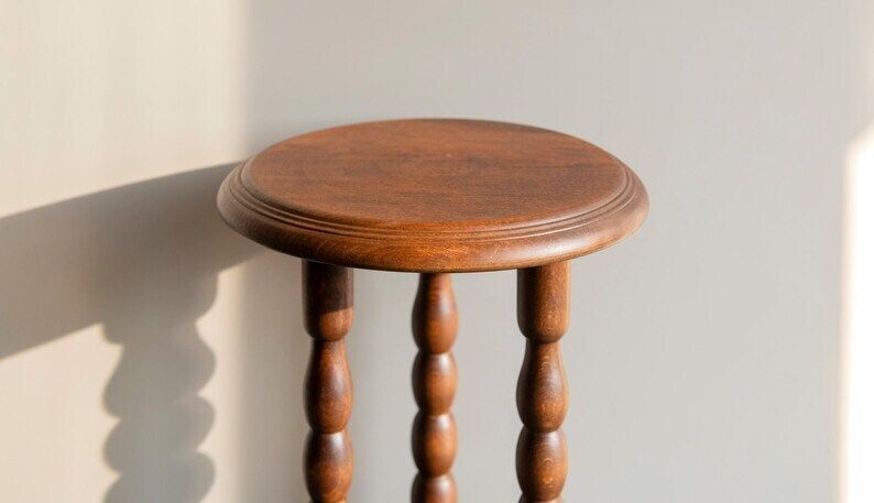 Round Stool With Turned Legs, Antique Bobbin Side Table, Rustic Oak Wooden Plant Stand, Small Side Table, Country Home Decor photo Furniture