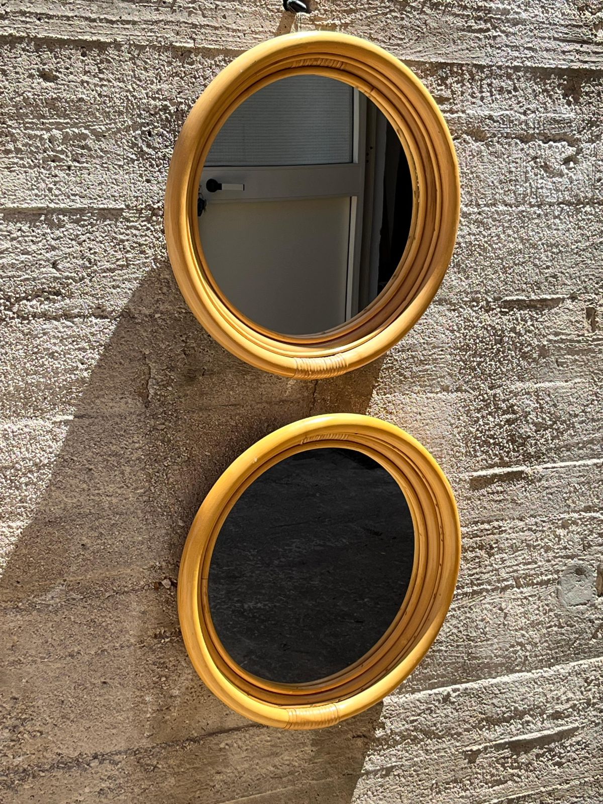 photo for sale Set Of 2 Mid Century French Riviera 1960s Bamboo Wall Mirrors