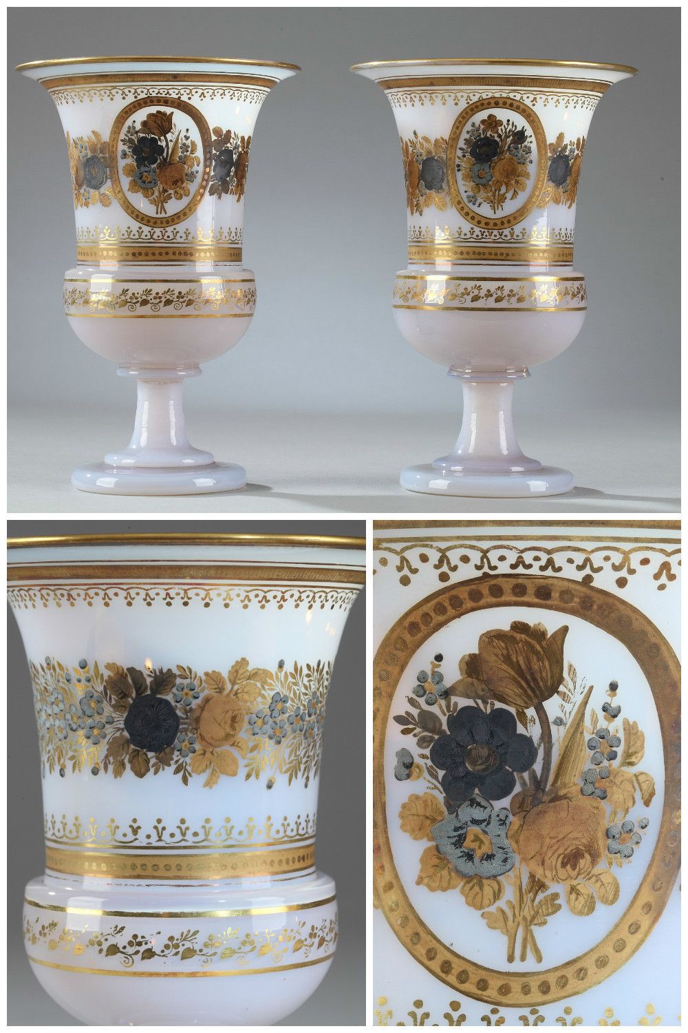 Pair Of Medici Vases In White Opaline By Jean Baptiste Desvignes