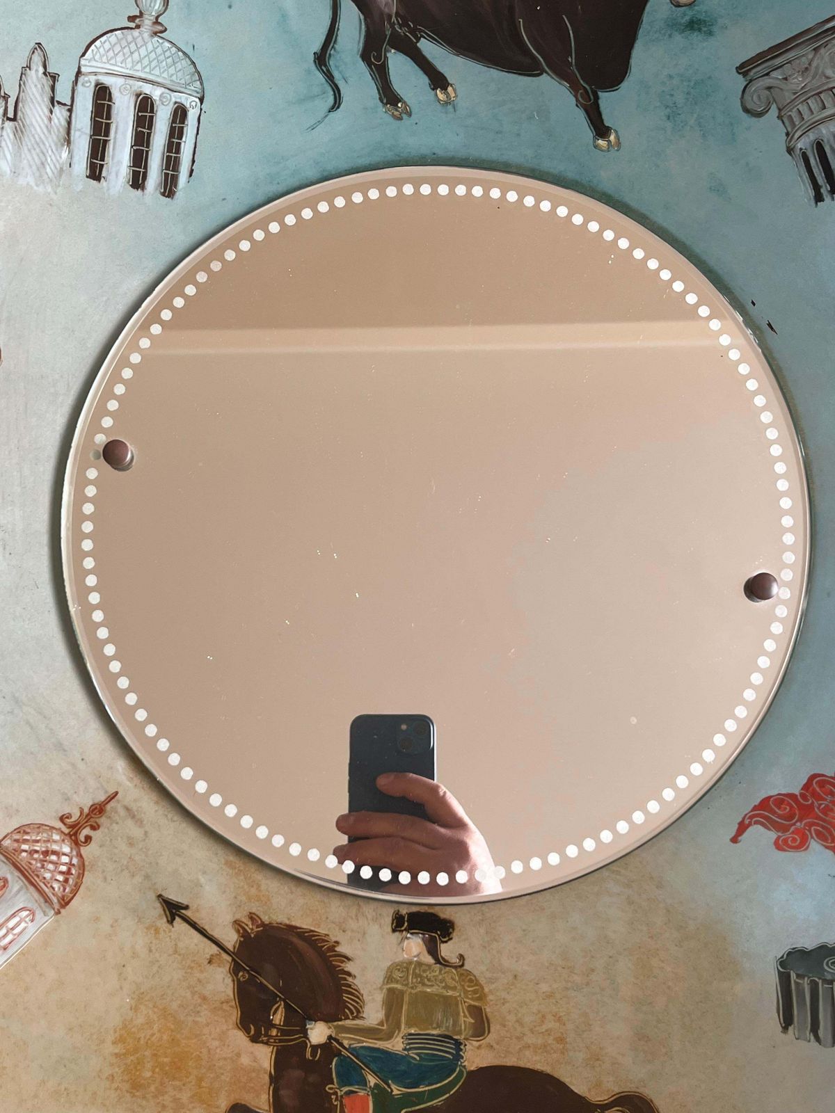 Large Spanish Mid Century Hand Painted Glass Wall Mirror, 1950s photo for sale