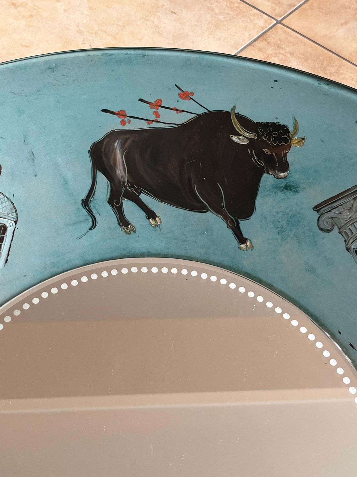 Large Spanish Mid Century Hand Painted Glass Wall Mirror, 1950s photo vinterior
