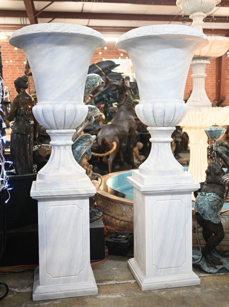 Pair Giant Italian Marble Urns Classic Campana Garden Vase