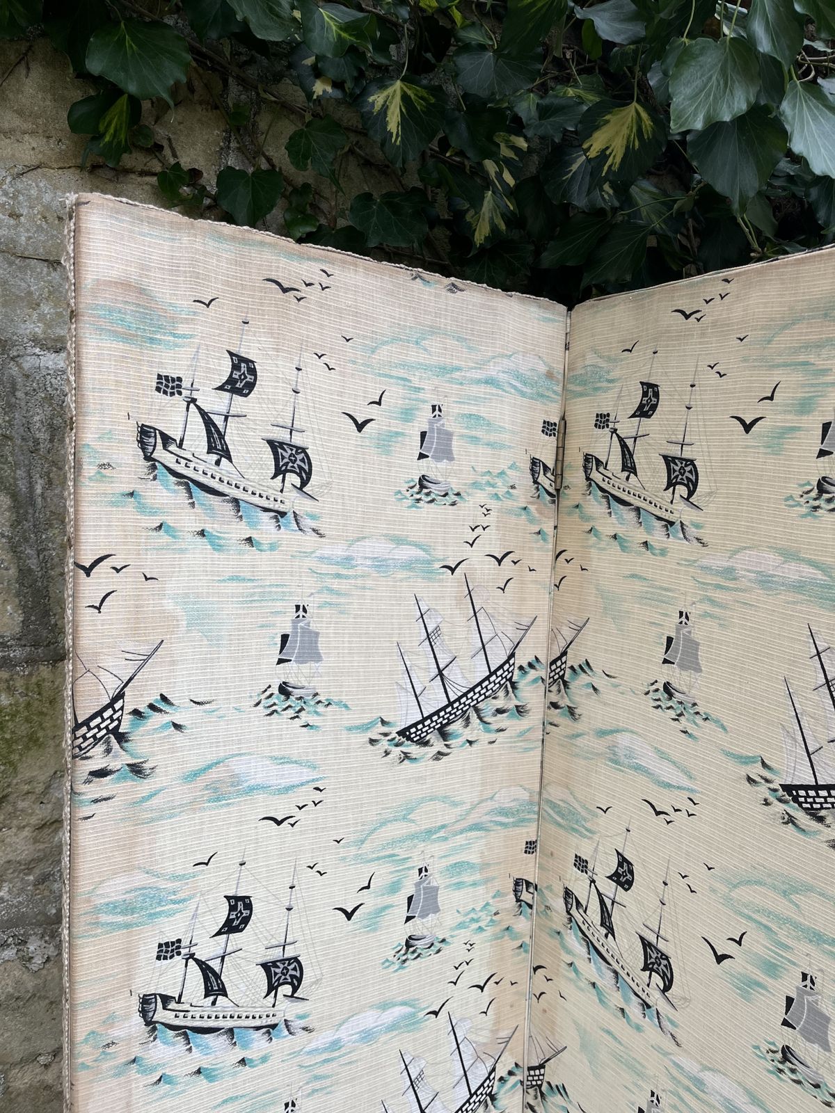 Charming 1950’s Folding Screen With Ships And Waves Fabric photo Home Decor