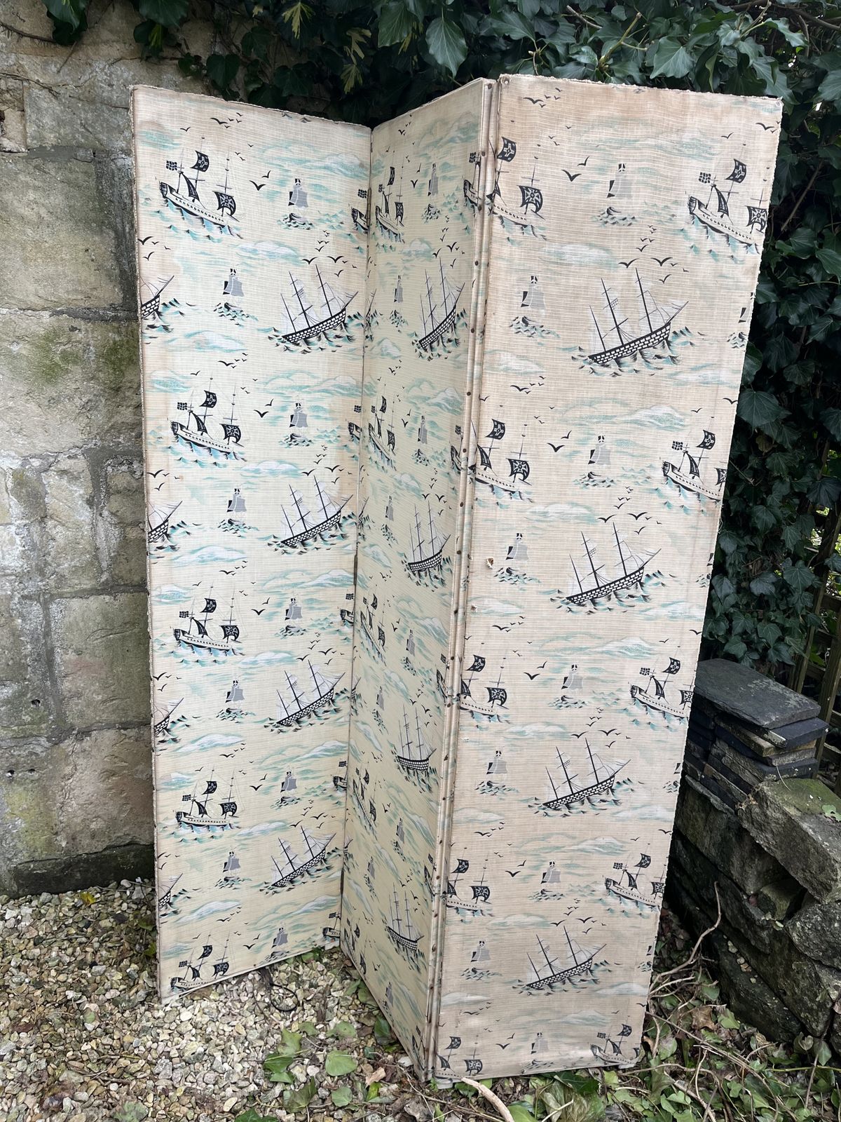 Home Decor Charming 1950’s Folding Screen With Ships And Waves Fabric photo