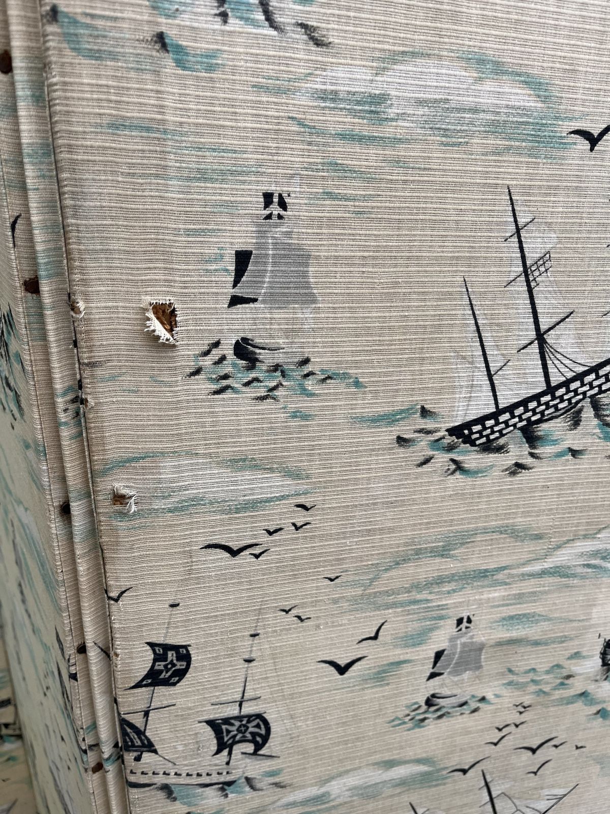 195.0 Charming 1950’s Folding Screen With Ships And Waves Fabric photo