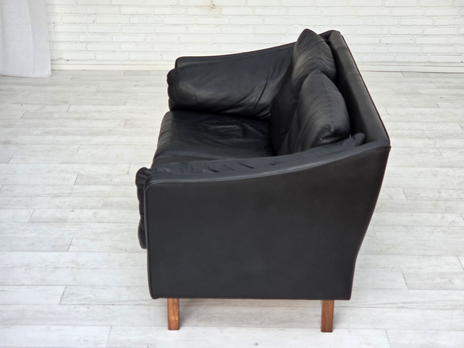 1970s, Danish 2 Seater Sofa, Original Black Furniture Leather, Teak Wood Legs. photo 1500.0