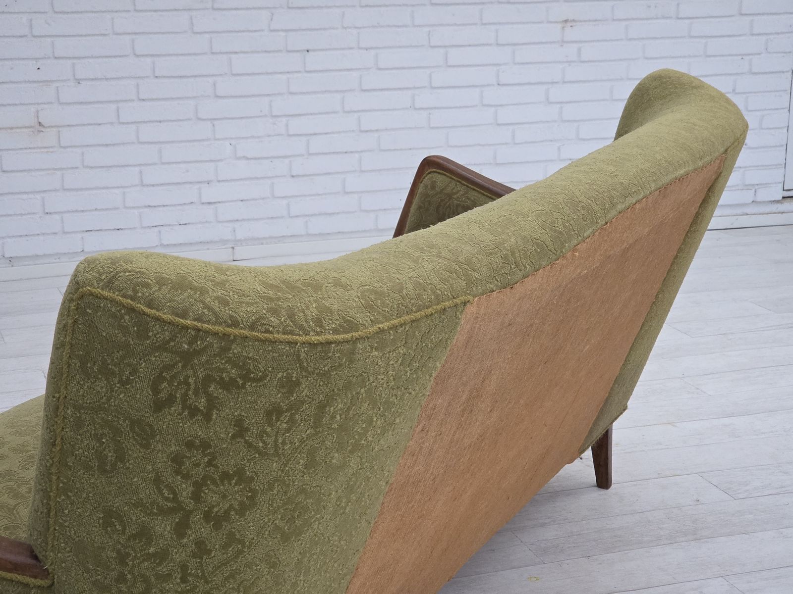 photo buy 1960s, Danish 3 Seater Sofa, Green Furniture Velour, Ash Wood.