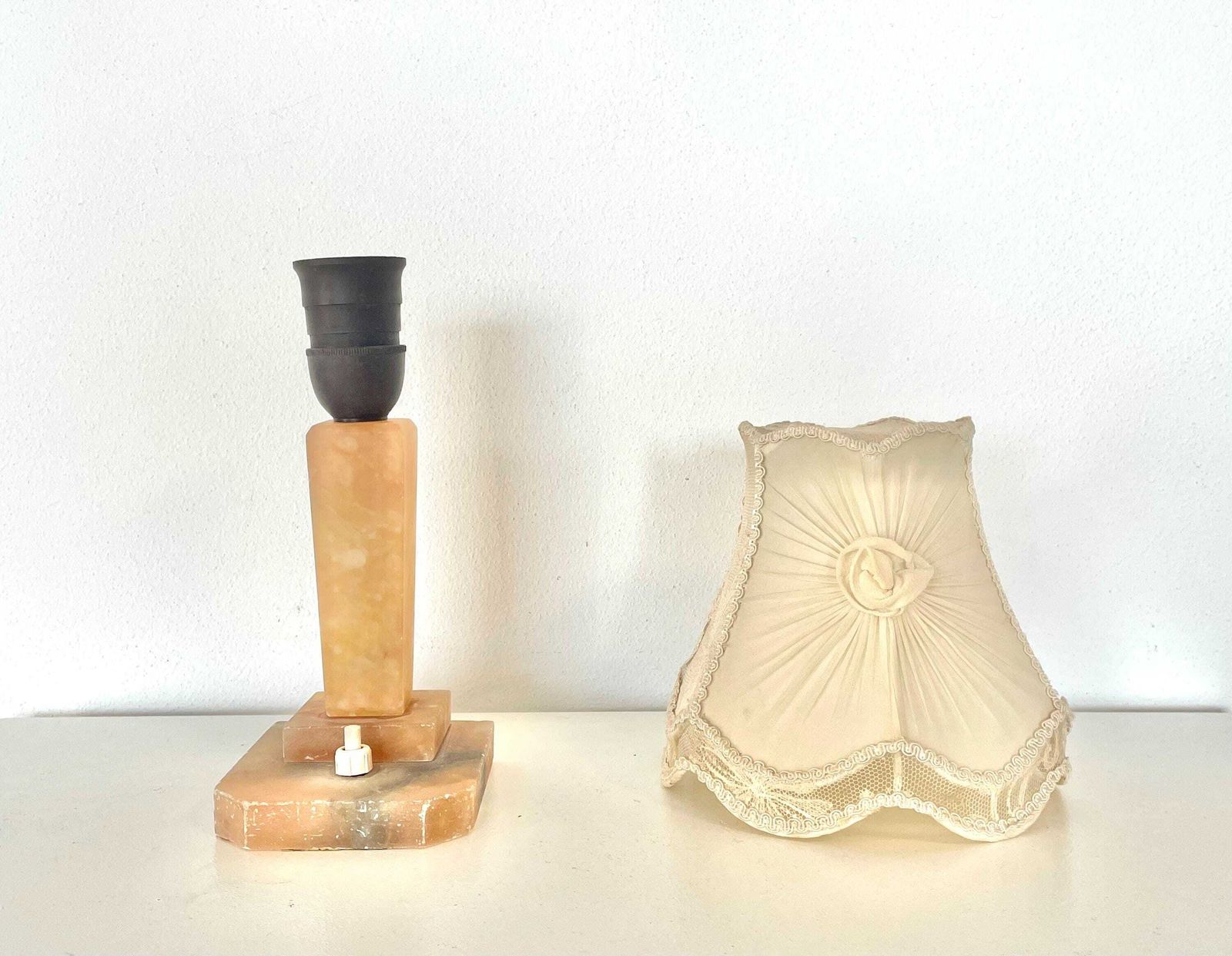 Gorgeous Vintage Danish Red Alabaster Art Deco Table Lamp With Elegant Details And Fabric Shade With Decoration And Lace photo vinterior