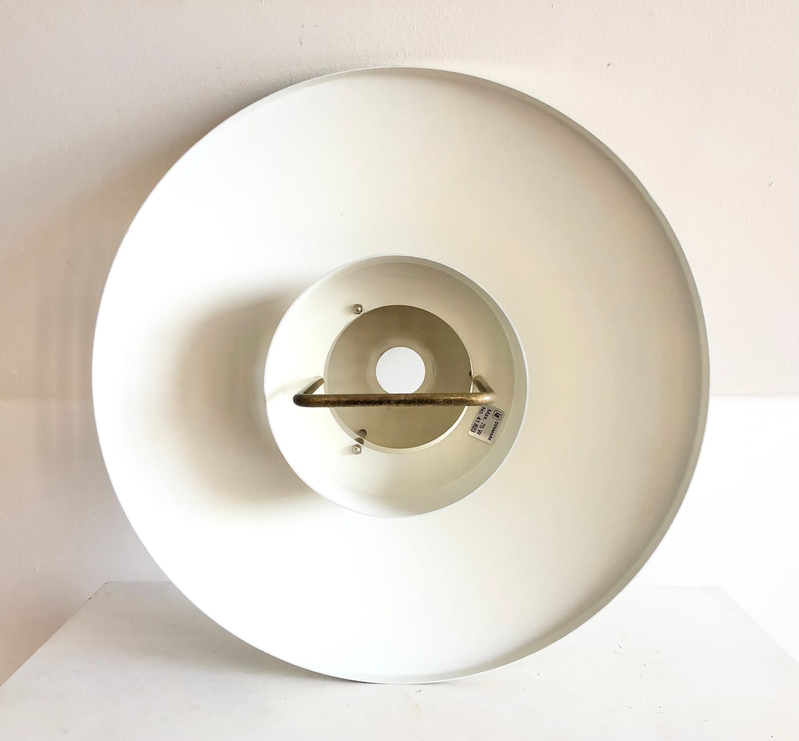 Danish Mid Century Modern Pair Of Lyskær Design Minimalist Ceiling Lamps With Gold Painted Multilayer Metal Shades And Hanger photo buy