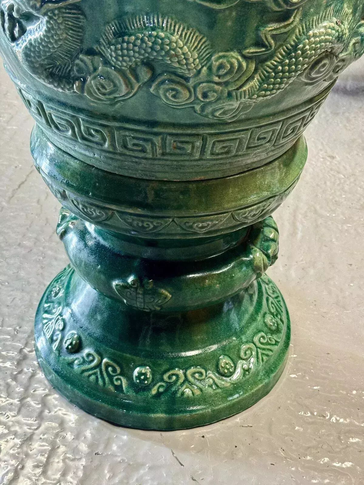 photo for sale Large Chinese Emerald Green Dragon Glazed Ceramic Porcelain Pedestal Jardinière