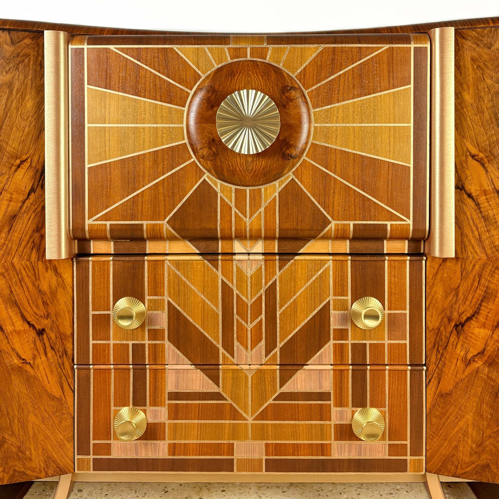 Art Deco Beautility Cocktail Cabinet In Walnut With Gold Detailing photo for sale