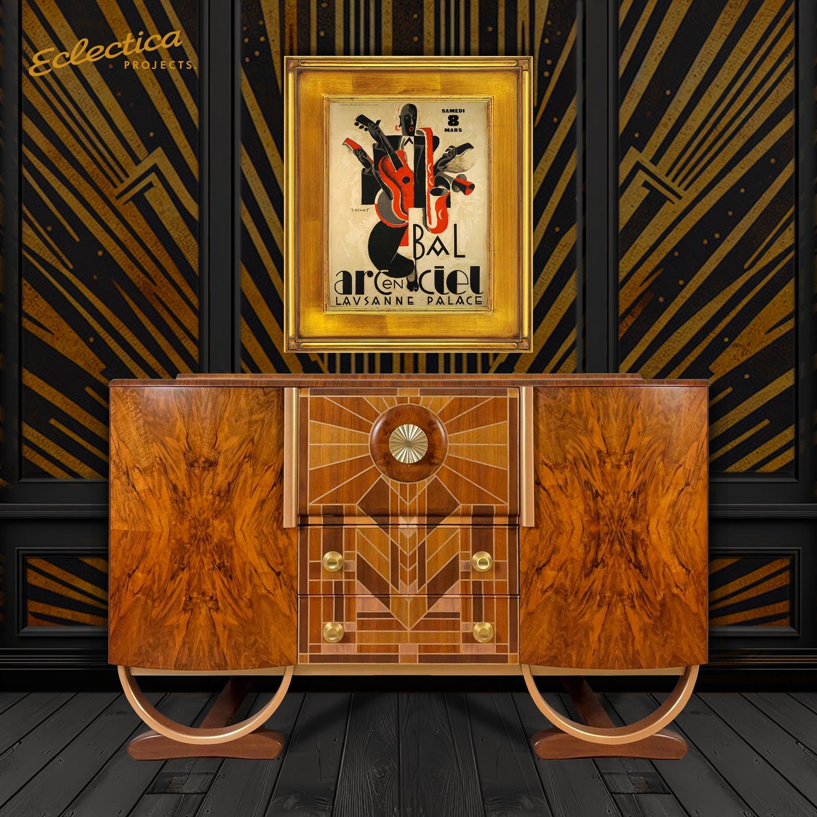 photo vinterior Art Deco Beautility Cocktail Cabinet In Walnut With Gold Detailing