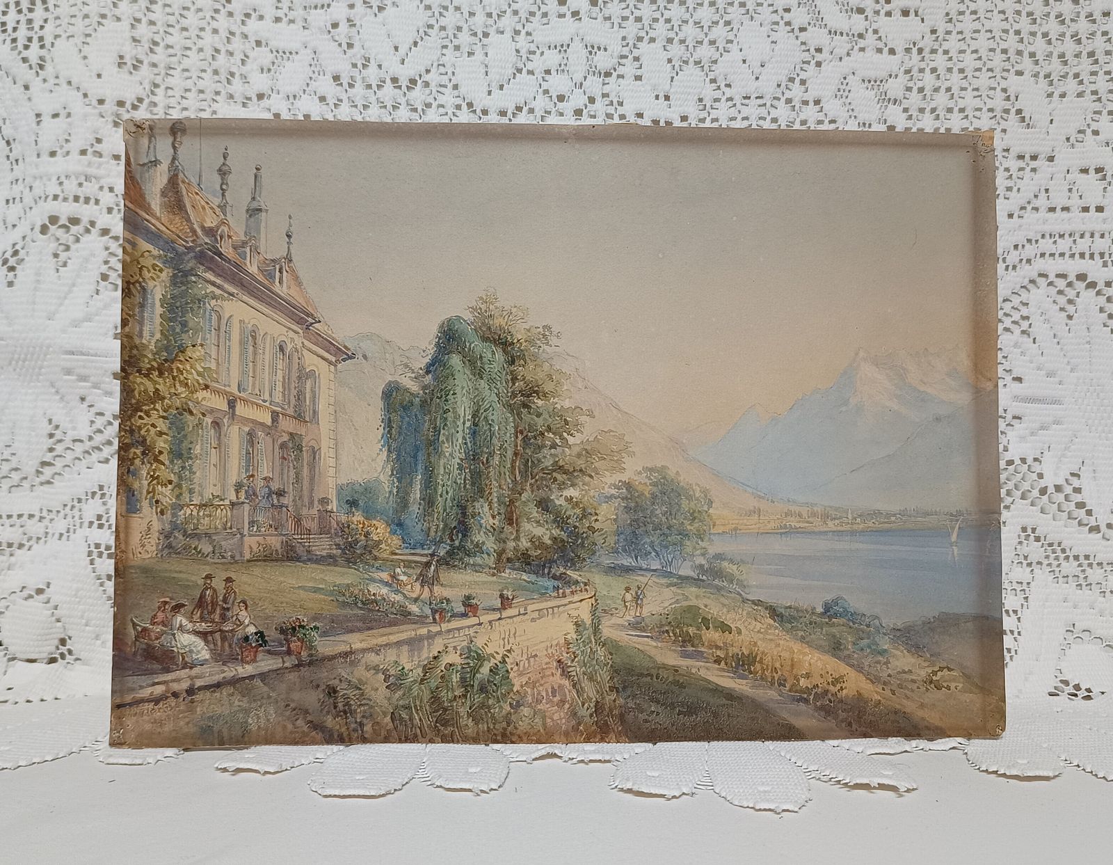 Antique Watercolour Painting Lakeside European Villa Mountain Landscape Unframed. photo buy