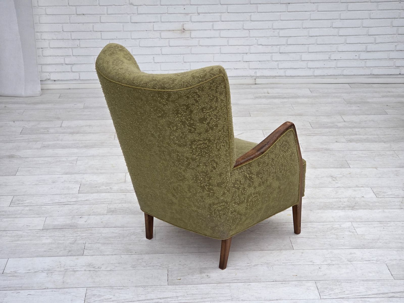 1960s, Danish Armchair, Original Green Furniture Velour, Ash Wood. photo 1050.0