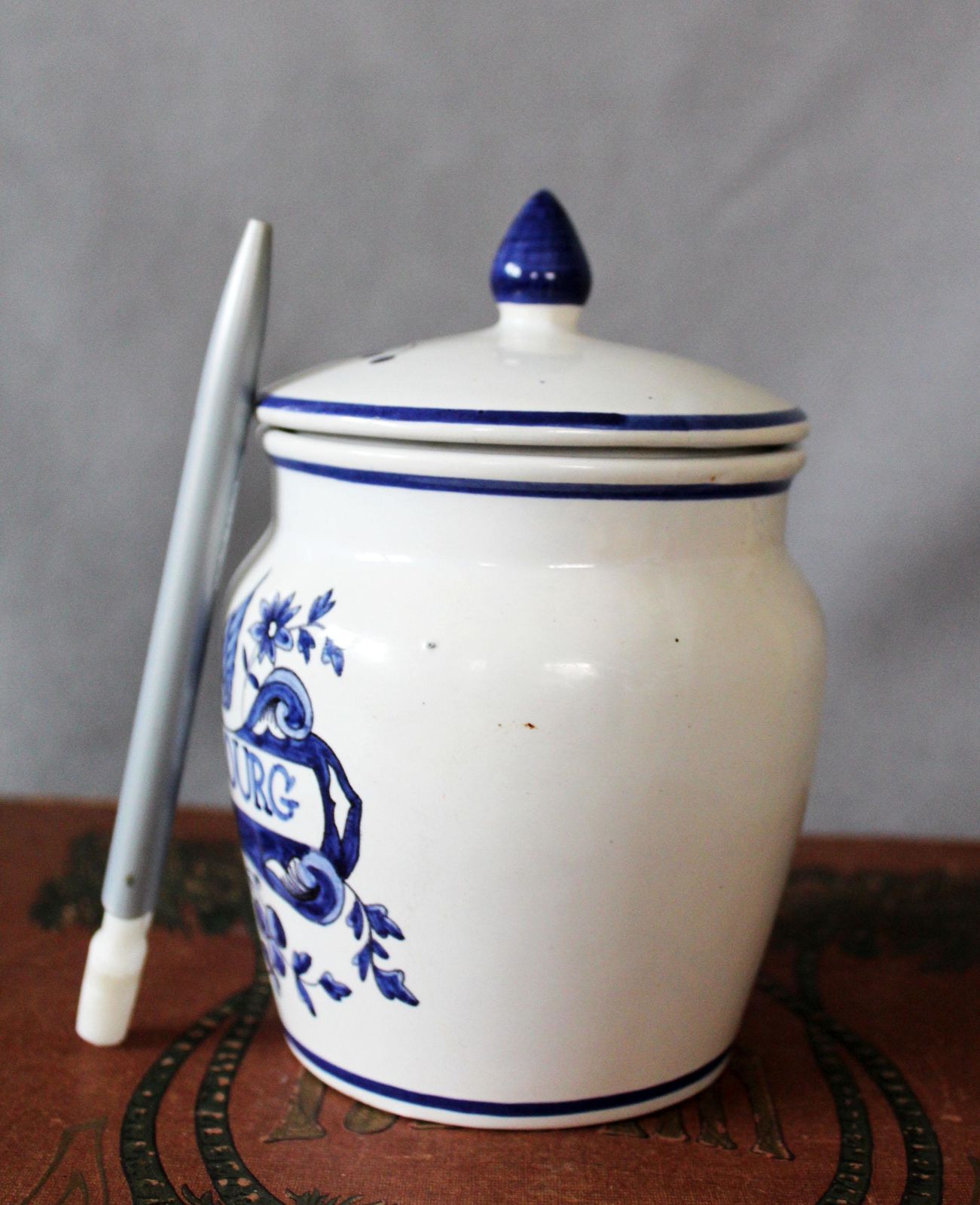 Antique Ceramic Ginger Jar, Small Lidded Jar, Delft Blue And White, Tobacco Jar, Tabac D'obourg, Dutch, Signed Ak, Angel Feather Headdress photo for sale