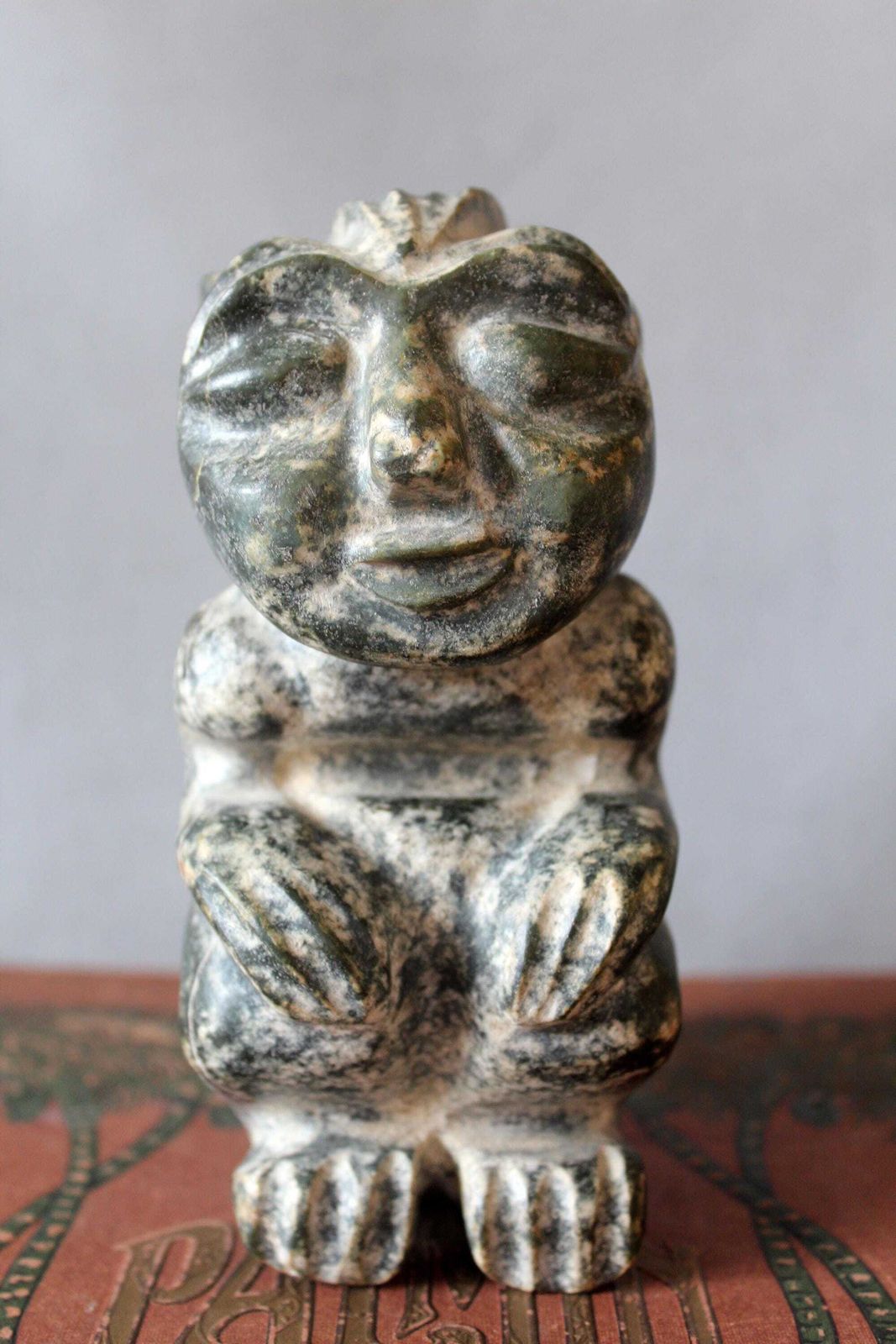 Heavy Vintage Carved Stone Sculpture, Figurine, Style Chinese Hongshan, Hand Made Neolithic Reproduction, Twin Headed, Restoration photo Art