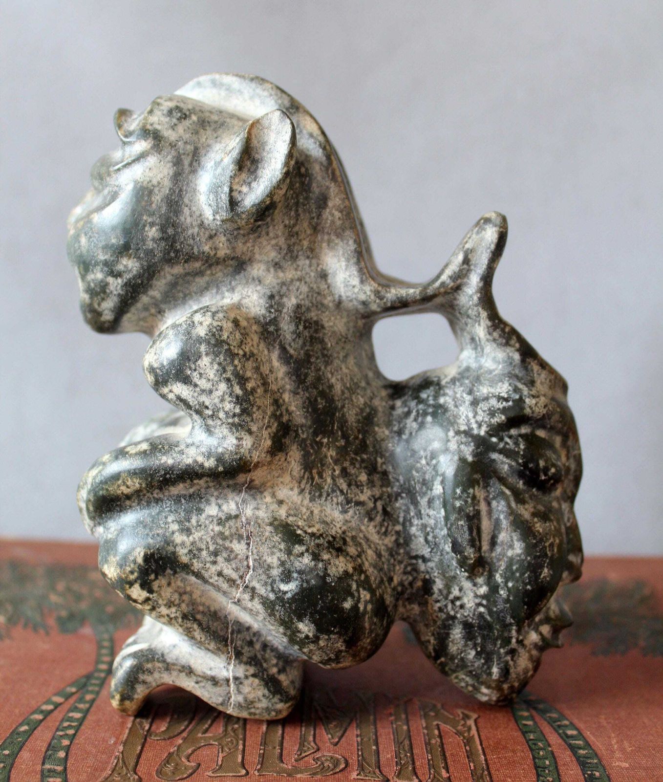 Heavy Vintage Carved Stone Sculpture, Figurine, Style Chinese Hongshan, Hand Made Neolithic Reproduction, Twin Headed, Restoration photo 50.0