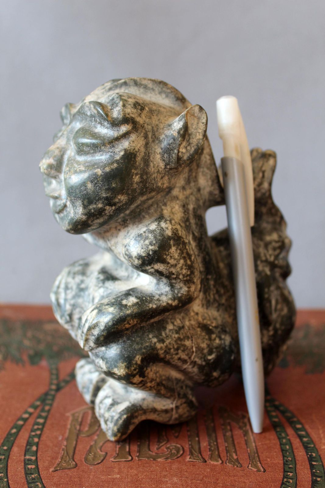Heavy Vintage Carved Stone Sculpture, Figurine, Style Chinese Hongshan, Hand Made Neolithic Reproduction, Twin Headed, Restoration photo buy