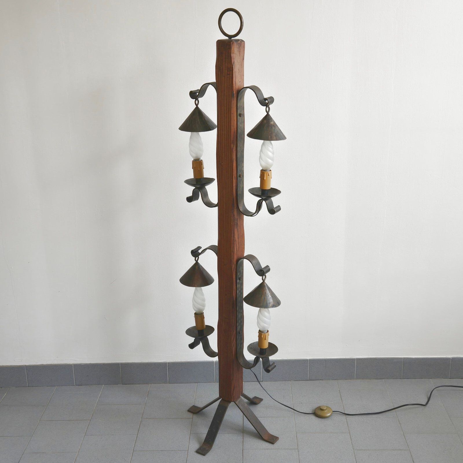 Vintage 1970s Brutalist Medieval Oak & Steel Floor Lamp 70s Retro 1970s photo Lighting