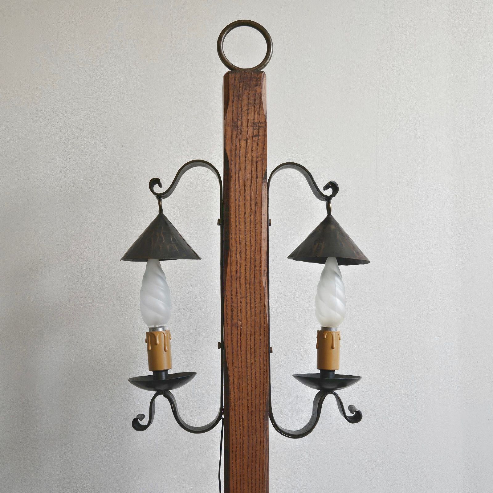 Vintage 1970s Brutalist Medieval Oak & Steel Floor Lamp 70s Retro 1970s photo 499.0