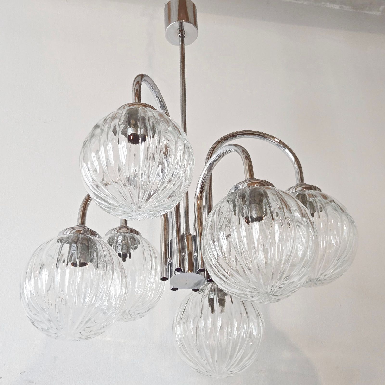 Vintage 1970s 6 Balls Glass & Steel Chrome Ceiling Chandelier 70s Retro 70s photo Lighting