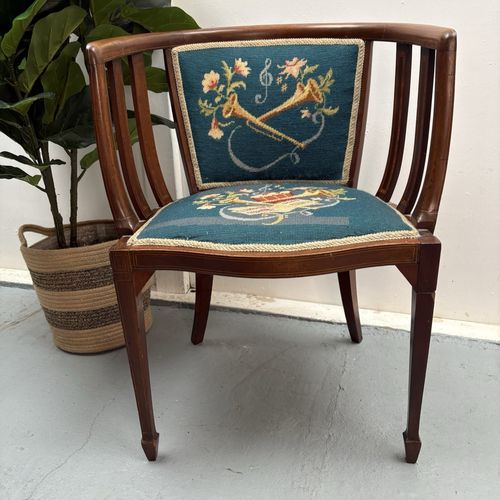 George III Curved Elm Corner Accent Chair Tapestry Seat & Musical Theme Motif photo furniture