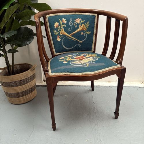 photo furniture George III Curved Elm Corner Accent Chair Tapestry Seat & Musical Theme Motif