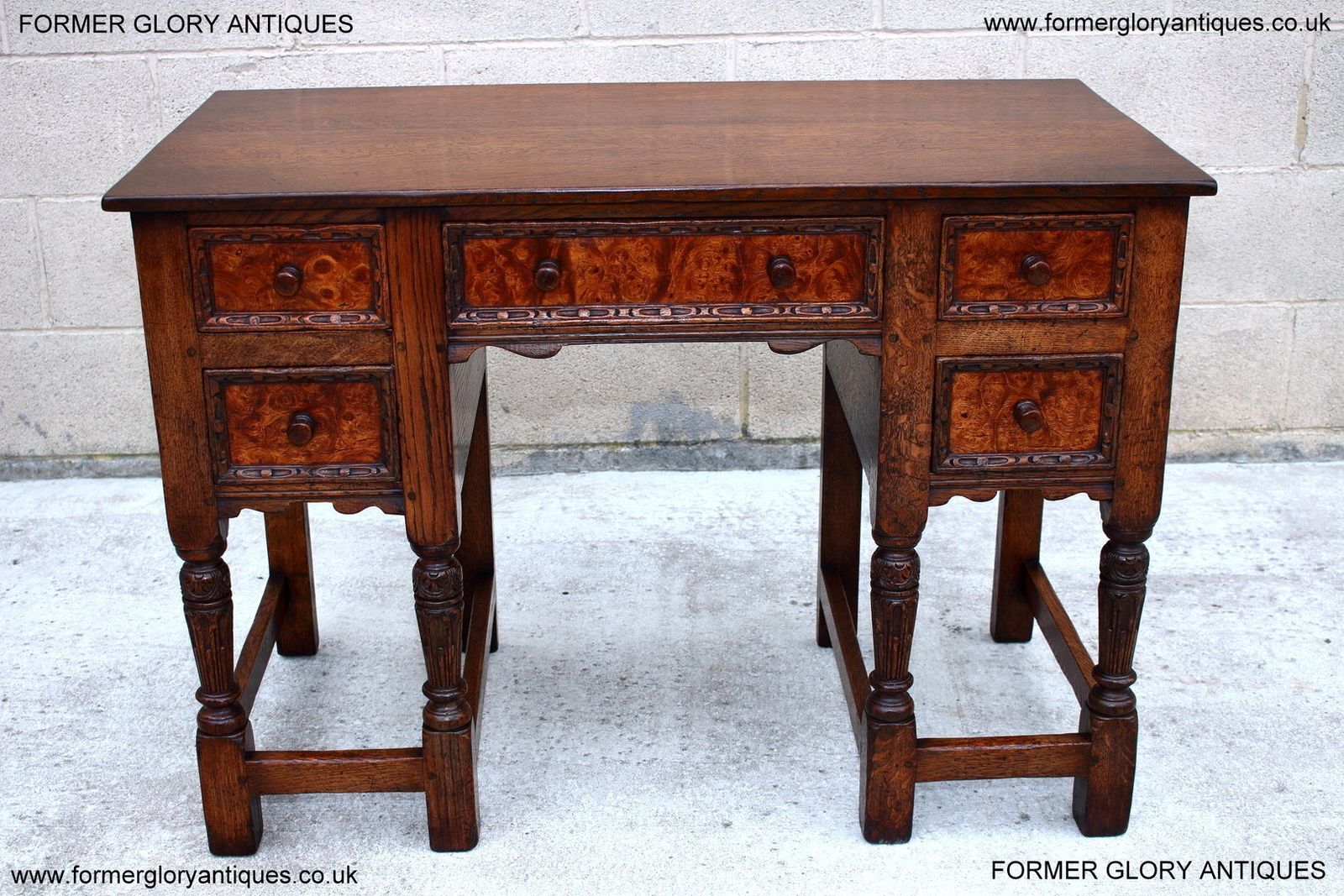 A 1920's Titchmarsh And Goodwin Style Carved Stressed Oak Burr Walnut Kneehole Desk / Writing Table