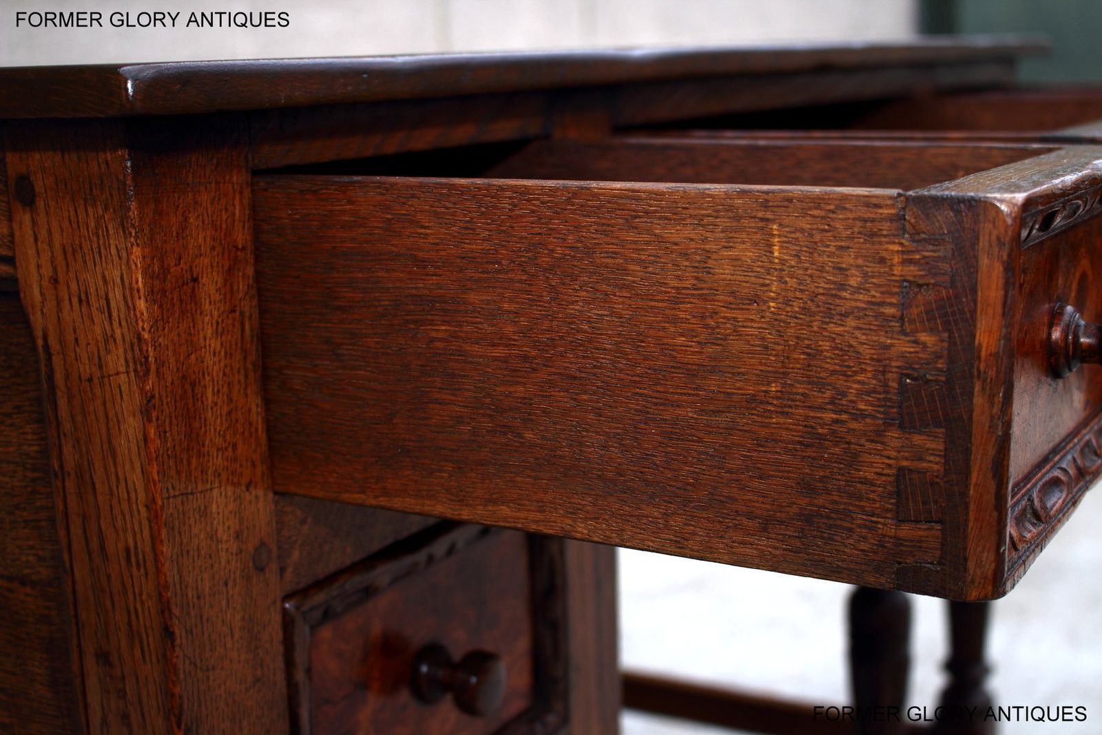 A 1920's Titchmarsh And Goodwin Style Carved Stressed Oak Burr Walnut Kneehole Desk / Writing Table photo buy