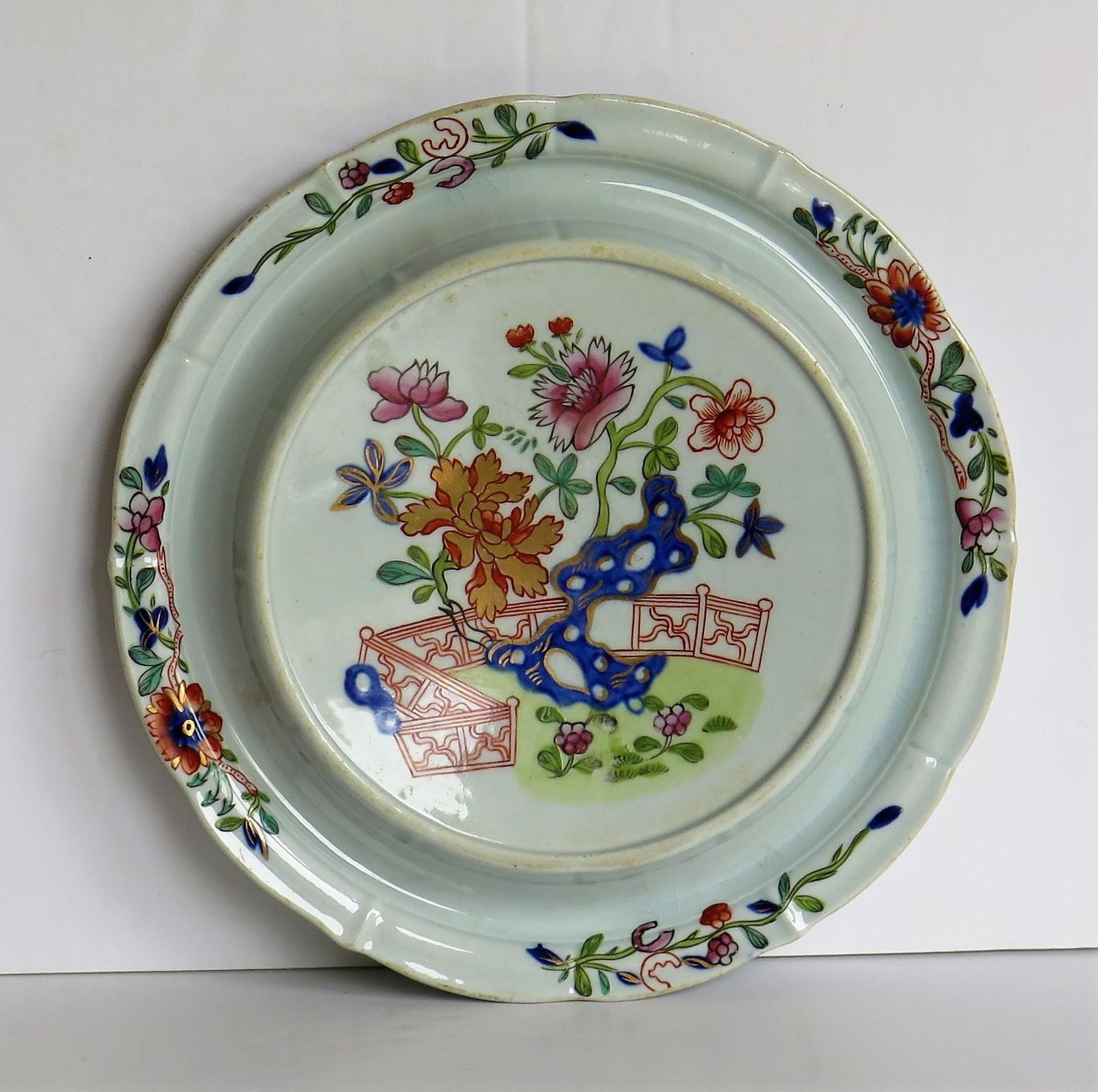 Early Mason's Ironstone Teapot Stand In Fence, Rock And Gold Flower Ptn photo vintage