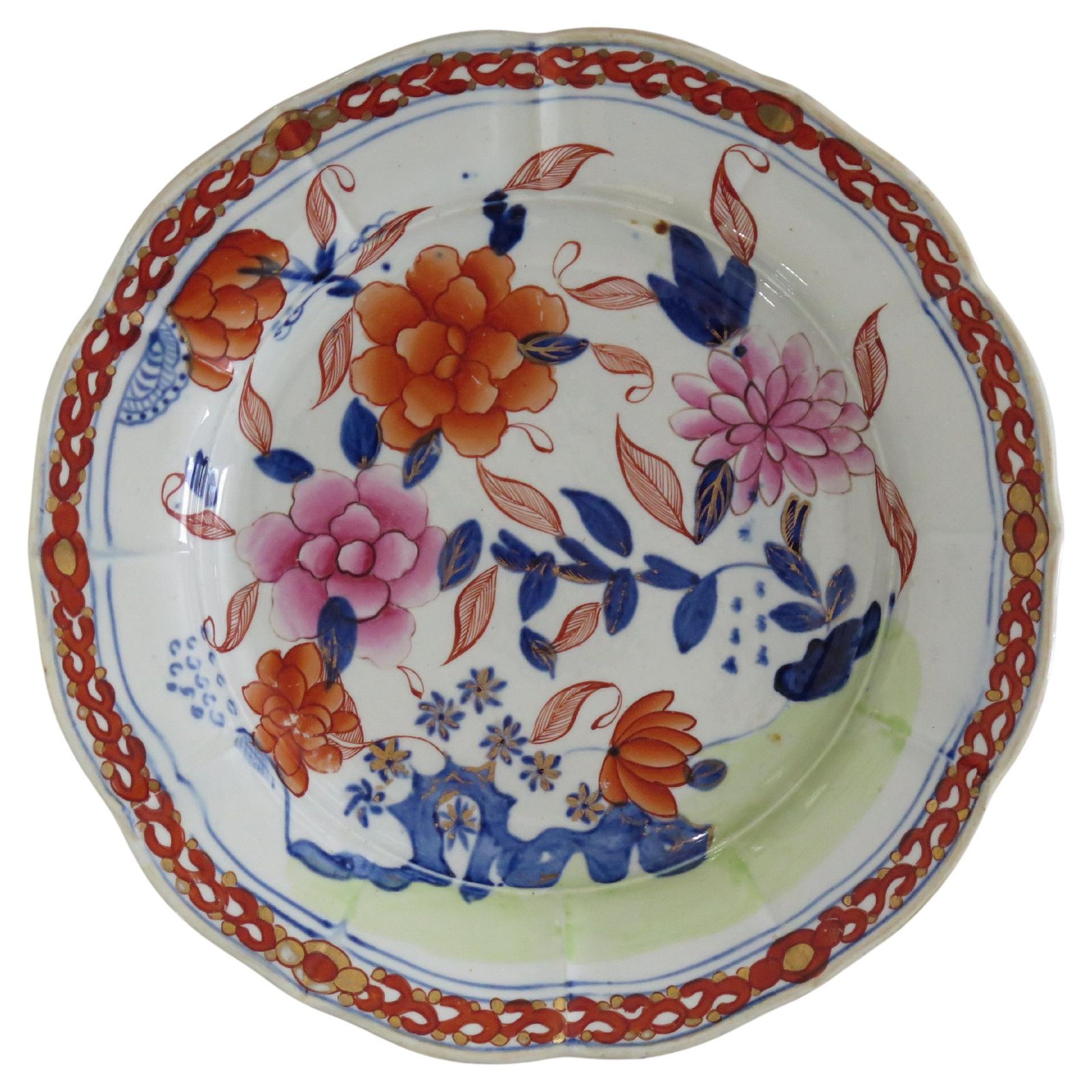 Georgian Masons Ironstone Desert Plate In Pink Rose On Stem & Rock Ptn, Ca 1818