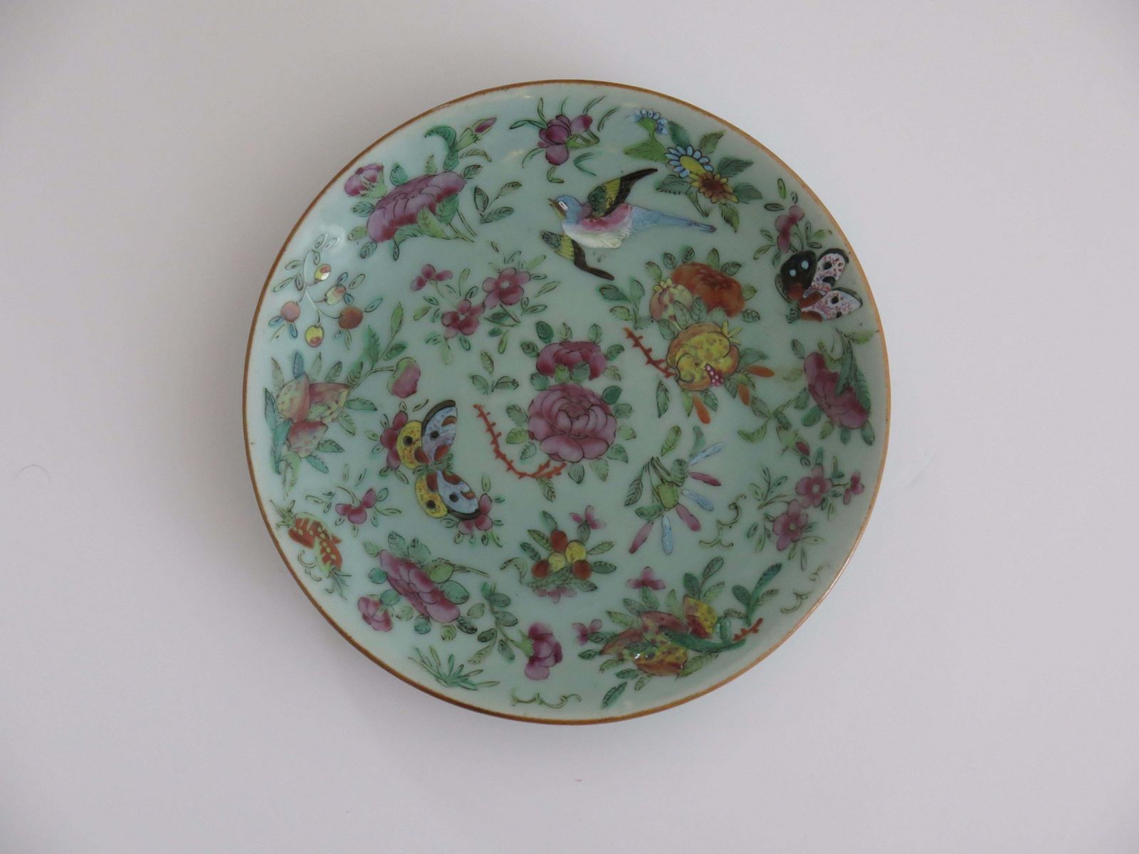 Chinese Porcelain Large Plate Or Dish Celadon Famille Rose Hand Painted, Ca 1820 photo furniture