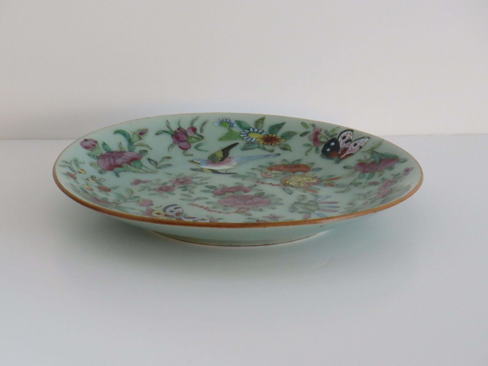 Chinese Porcelain Large Plate Or Dish Celadon Famille Rose Hand Painted, Ca 1820 photo for sale