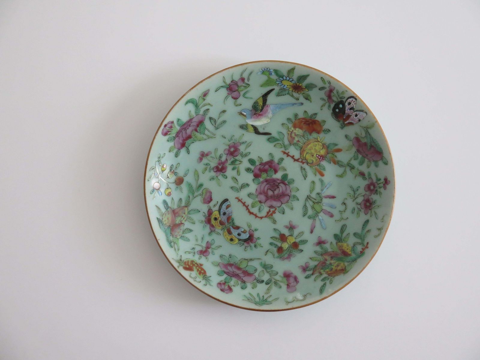 Chinese Porcelain Large Plate Or Dish Celadon Famille Rose Hand Painted, Ca 1820 photo 342.0