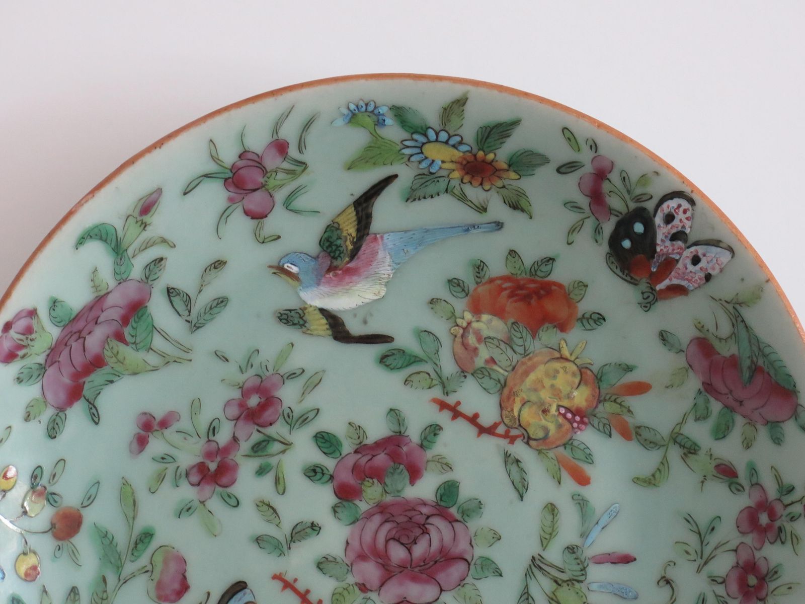 Chinese Porcelain Large Plate Or Dish Celadon Famille Rose Hand Painted, Ca 1820 photo vinterior