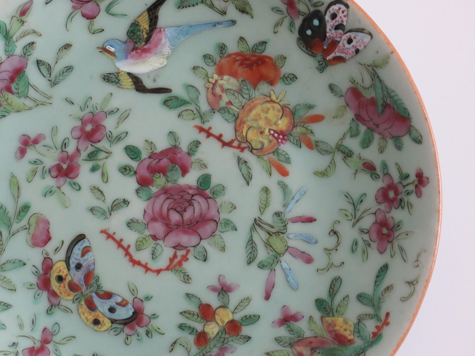 Chinese Porcelain Large Plate Or Dish Celadon Famille Rose Hand Painted, Ca 1820 photo buy
