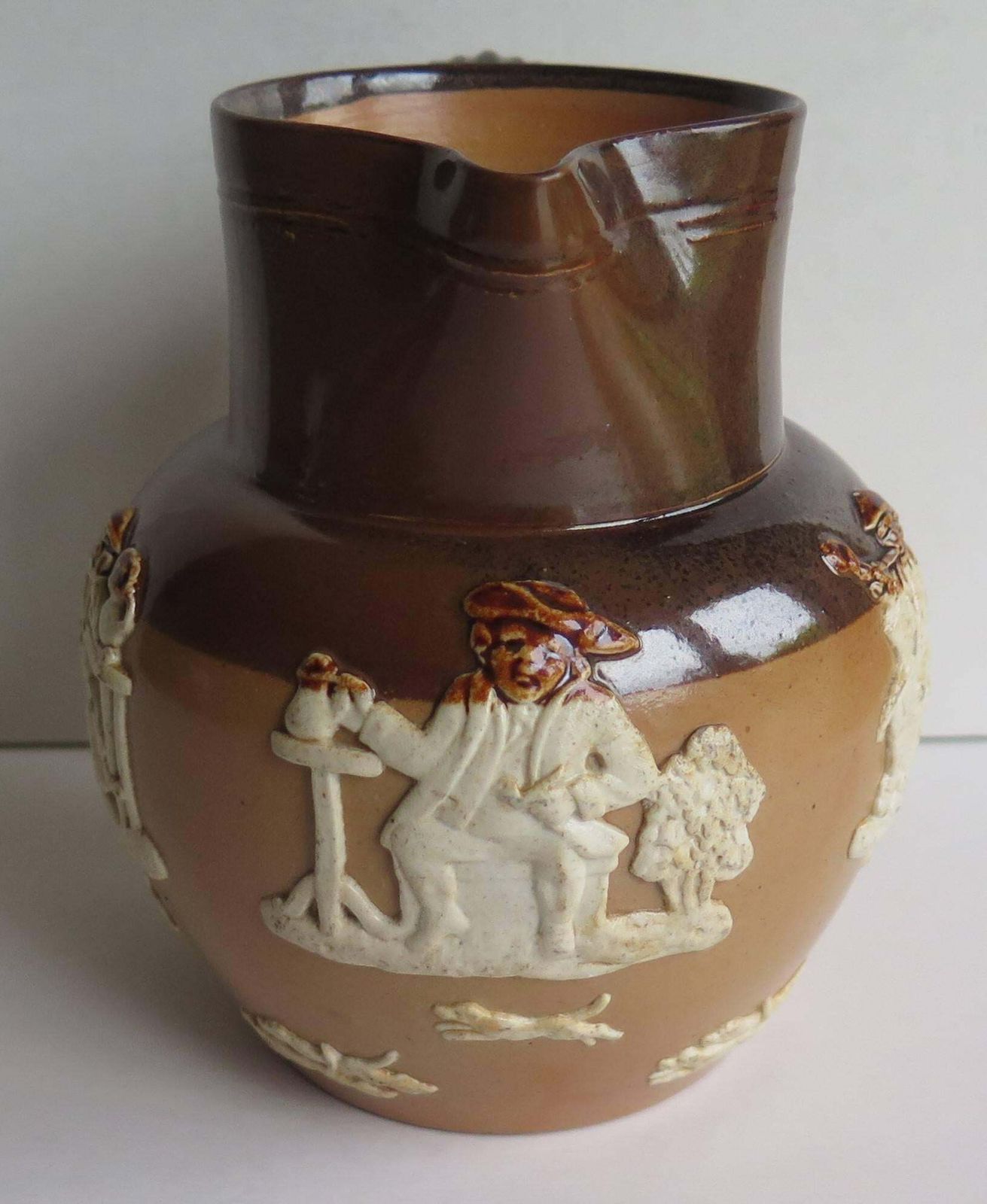 Royal Doulton Stoneware Jug Or Pitcher Moulded Farming Scene, Edwardian Ca 1905 photo 280.0