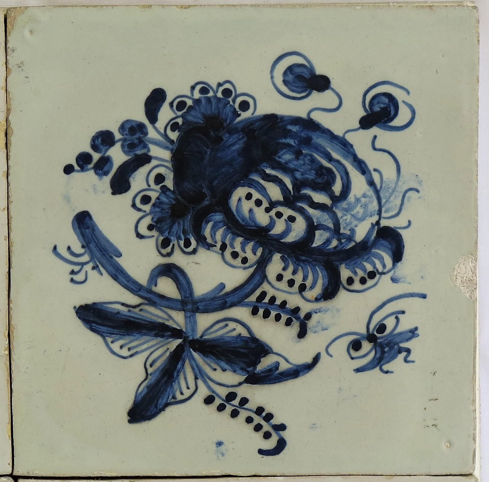 Four 17th Century Delft Blue And White Wall Tiles On Frame Set 1, Netherlands photo vintage