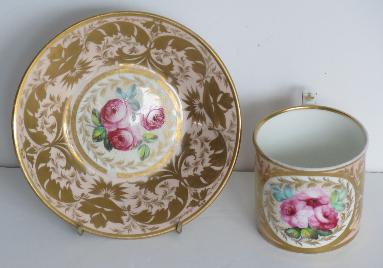 Georgian Derby Coffee Can & Saucer John Stanesby Hand Painted Roses, Circa 1810 photo for sale